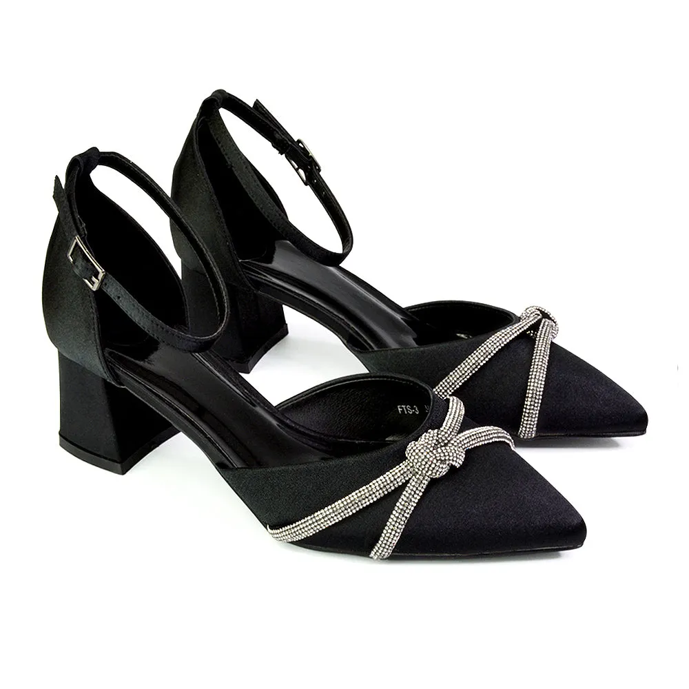 Gracie Diamante Strappy Mid Block Heel Sandals With a Pointed Toe in Silver