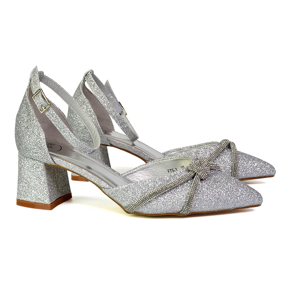 Gracie Diamante Strappy Mid Block Heel Sandals With a Pointed Toe in Silver