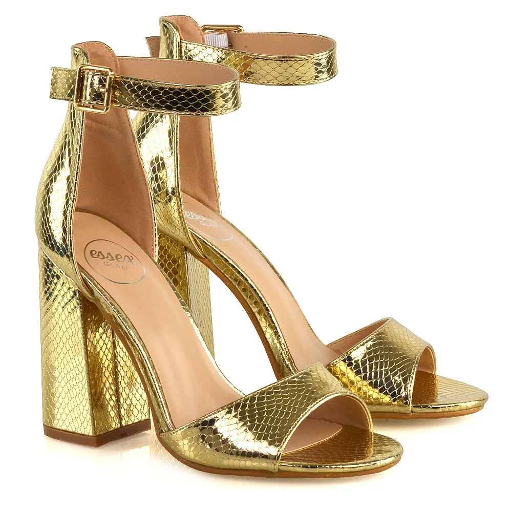 June Barely There Thick Buckle Ankle Strap Block Heel Sandals in Gold Snake