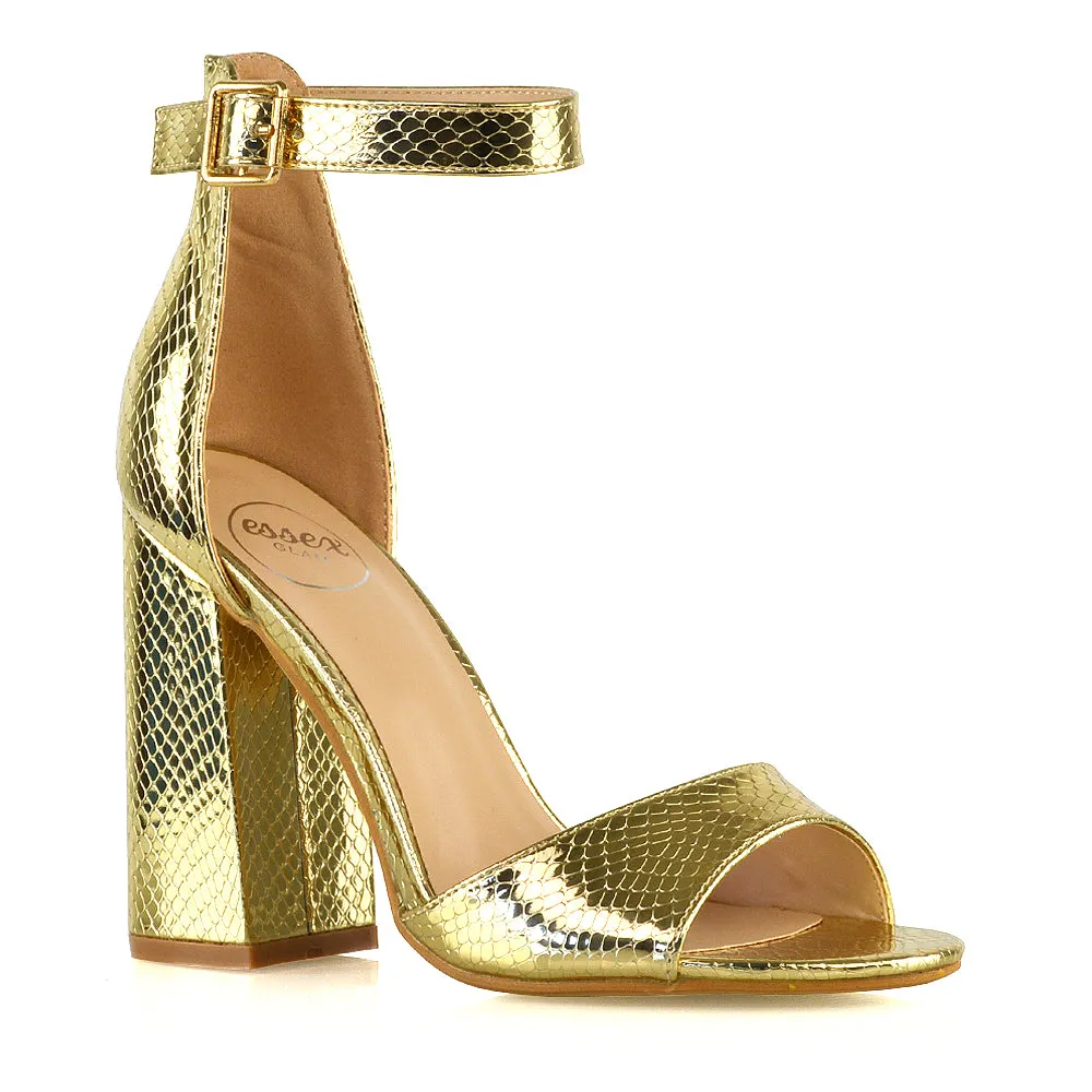 June Barely There Thick Buckle Ankle Strap Block Heel Sandals in Gold Snake