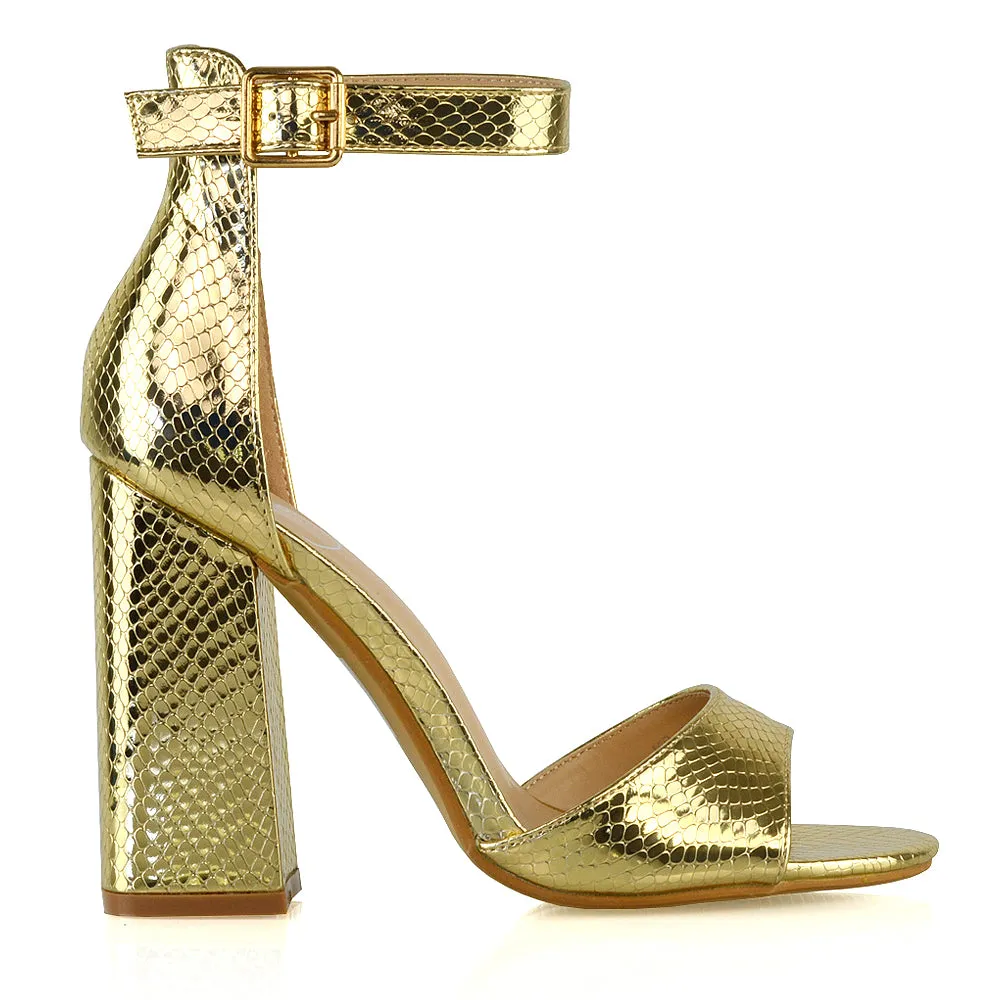 June Barely There Thick Buckle Ankle Strap Block Heel Sandals in Gold Snake