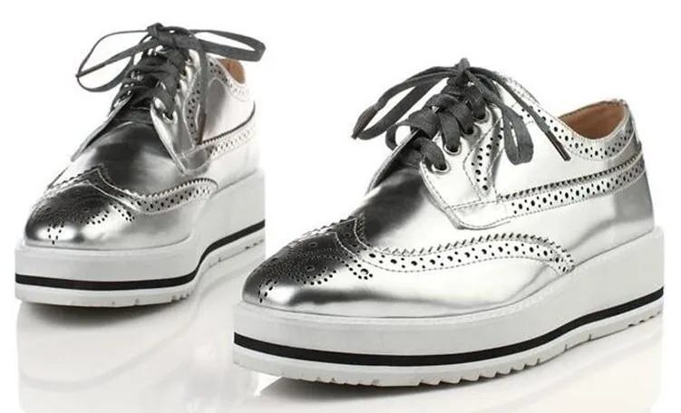 Leather Wedge Platform Oxford Shoes in Black or Silver