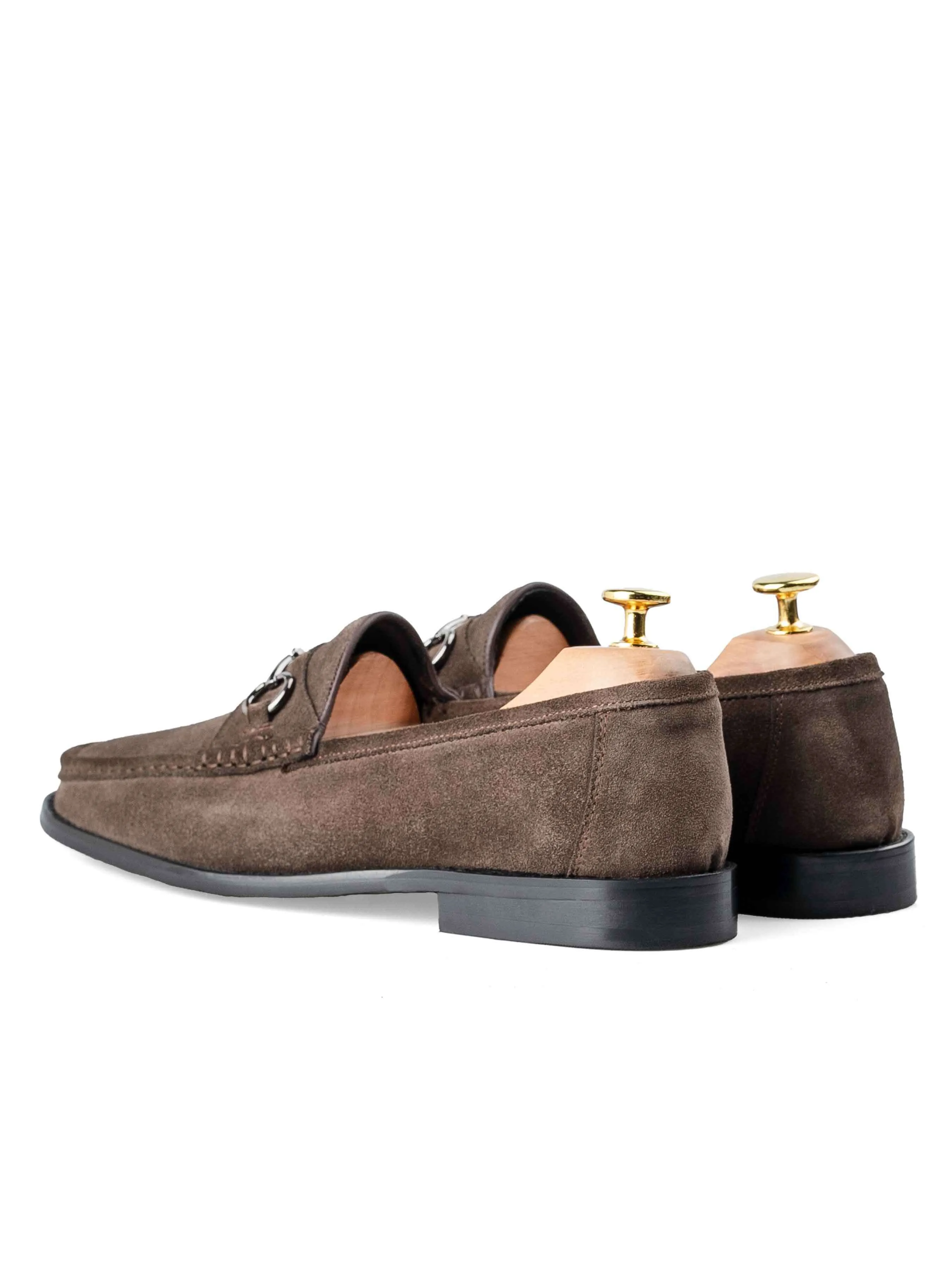 Mario Horsebit Moccasin Loafer - Dark Brown Suede Leather (Silver Buckle)