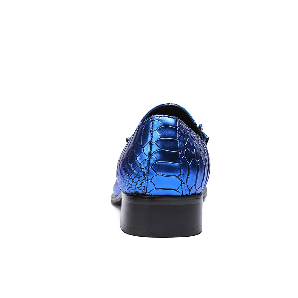 Mens Blue Steel Baby Metal Pointed Genuine Leather Dress Shoes