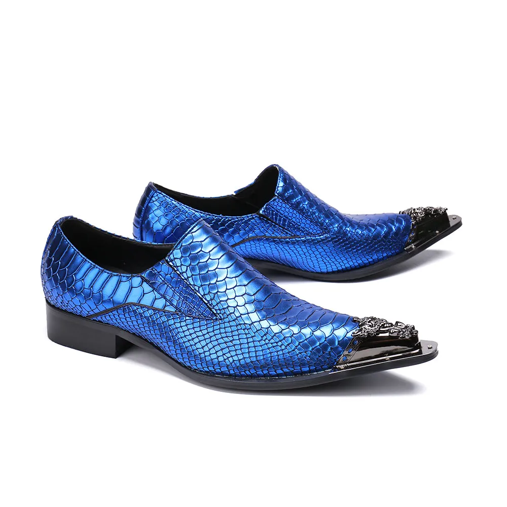 Mens Blue Steel Baby Metal Pointed Genuine Leather Dress Shoes