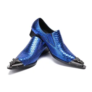 Mens Blue Steel Baby Metal Pointed Genuine Leather Dress Shoes