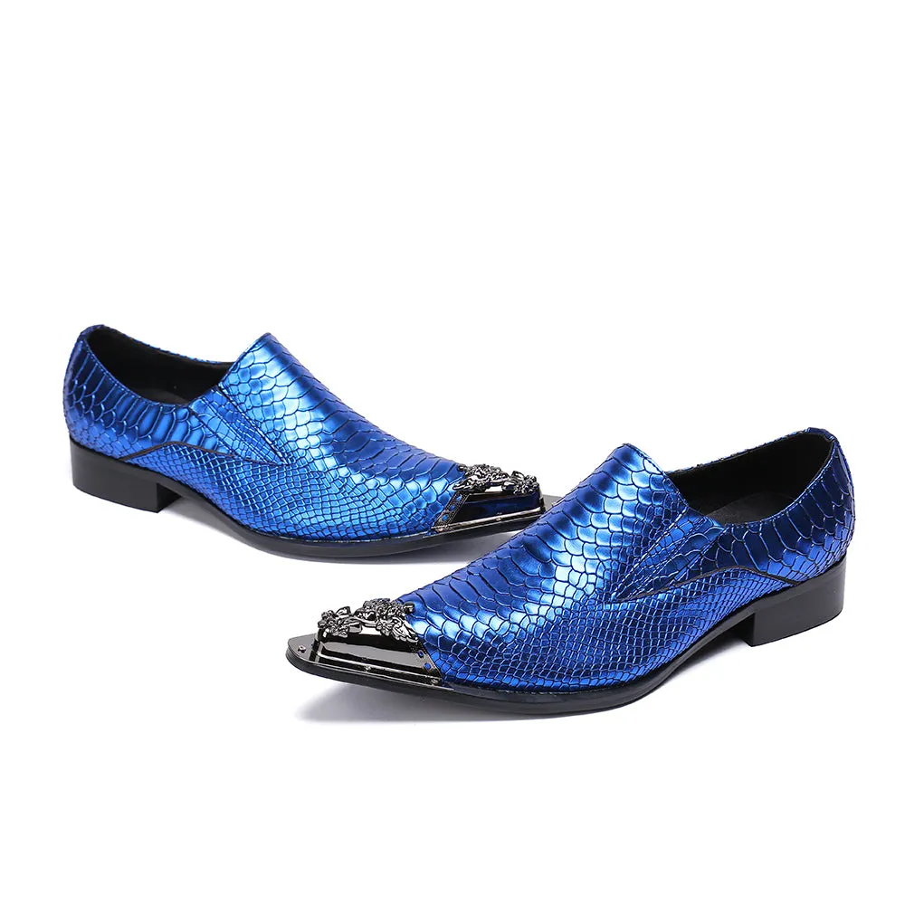 Mens Blue Steel Baby Metal Pointed Genuine Leather Dress Shoes