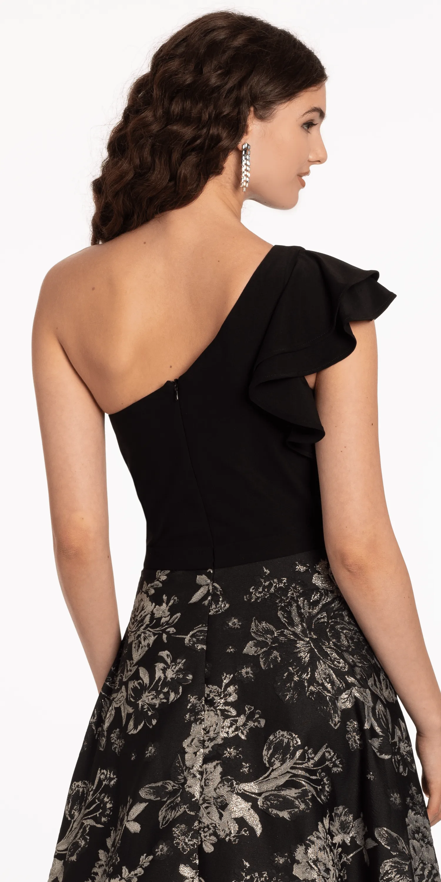 One Shoulder Jacquard A Line Dress with Pockets