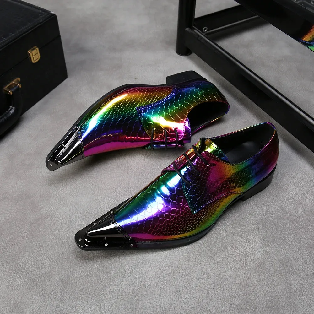 Rainbow Snake Skin Mens Genuine Leather Dress Shoes Pointed Metal Cap Toe