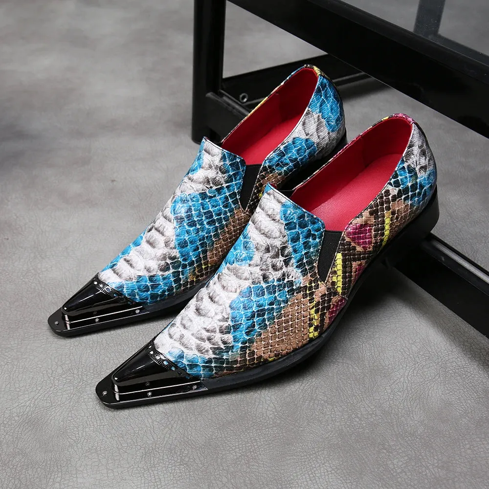 Rainbow Snake Skin Mens Genuine Leather Dress Shoes Pointed Metal Cap Toe