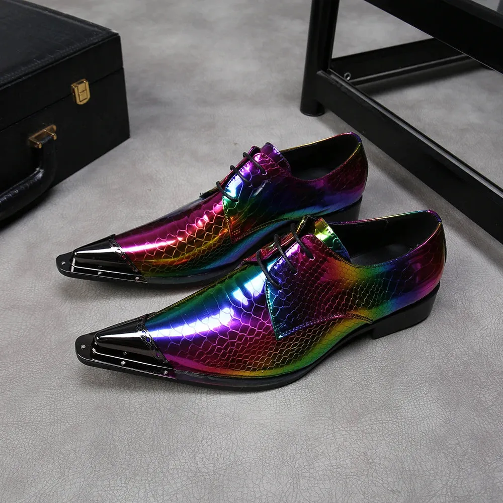 Rainbow Snake Skin Mens Genuine Leather Dress Shoes Pointed Metal Cap Toe