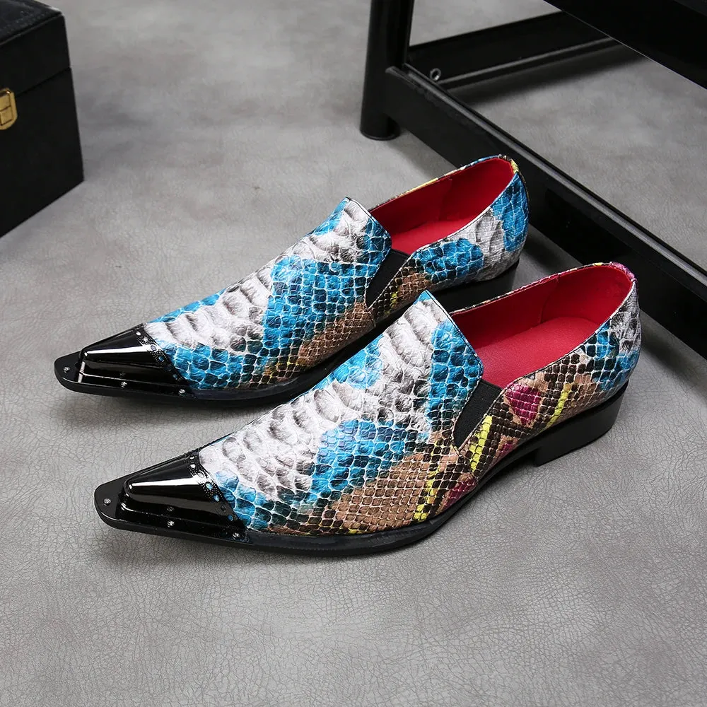 Rainbow Snake Skin Mens Genuine Leather Dress Shoes Pointed Metal Cap Toe