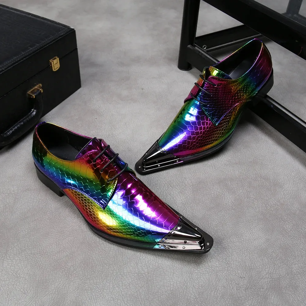 Rainbow Snake Skin Mens Genuine Leather Dress Shoes Pointed Metal Cap Toe