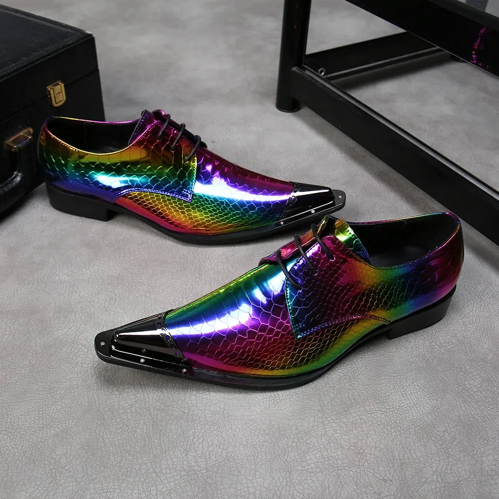 Rainbow Snake Skin Mens Genuine Leather Dress Shoes Pointed Metal Cap Toe