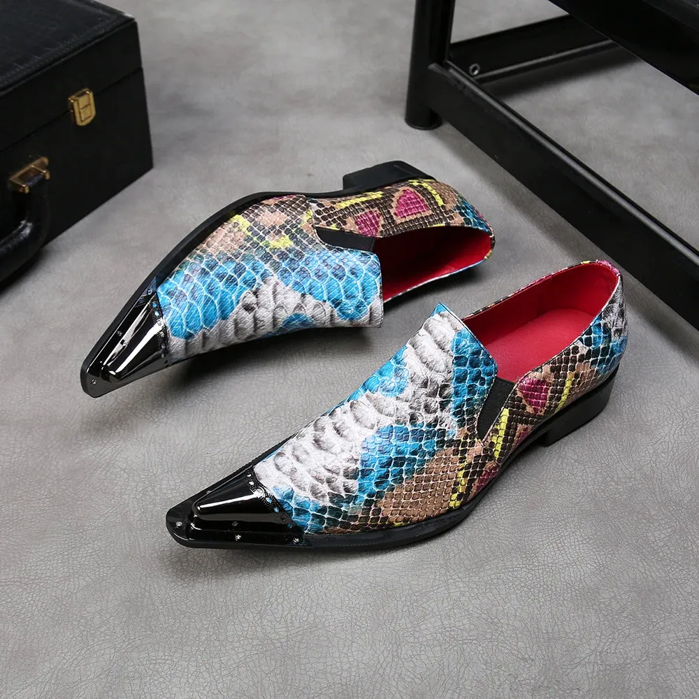 Rainbow Snake Skin Mens Genuine Leather Dress Shoes Pointed Metal Cap Toe