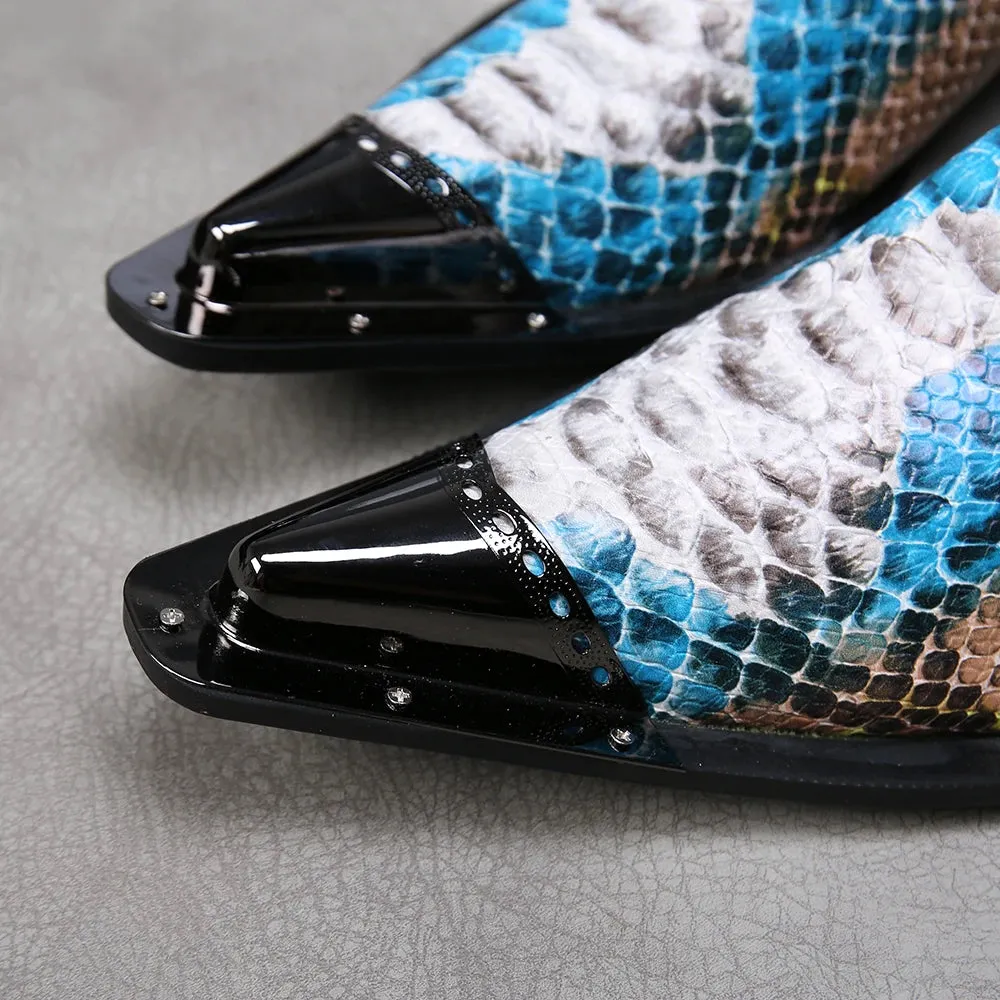 Rainbow Snake Skin Mens Genuine Leather Dress Shoes Pointed Metal Cap Toe