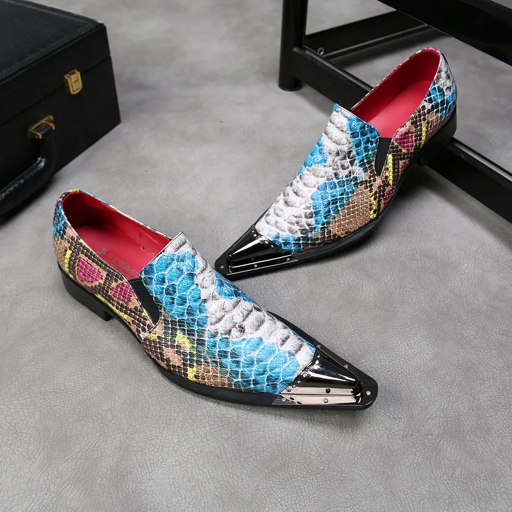 Rainbow Snake Skin Mens Genuine Leather Dress Shoes Pointed Metal Cap Toe