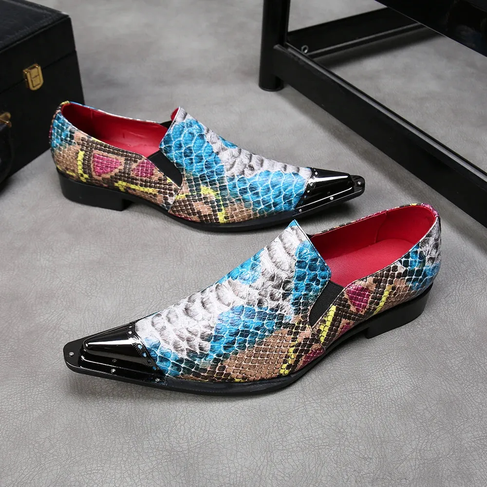 Rainbow Snake Skin Mens Genuine Leather Dress Shoes Pointed Metal Cap Toe