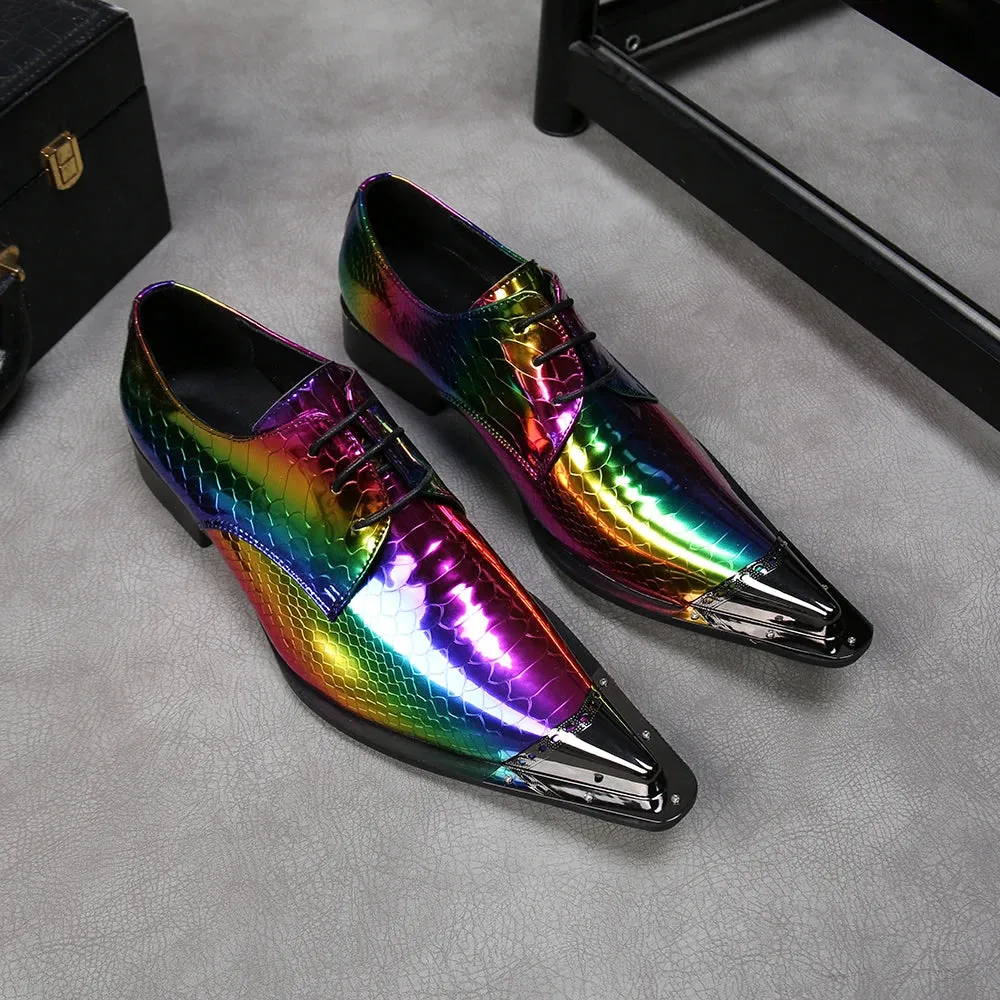 Rainbow Snake Skin Mens Genuine Leather Dress Shoes Pointed Metal Cap Toe