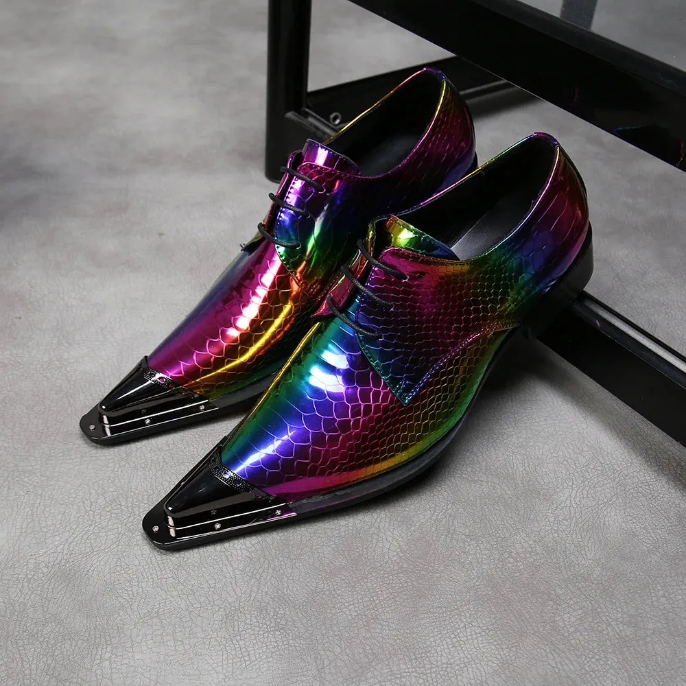 Rainbow Snake Skin Mens Genuine Leather Dress Shoes Pointed Metal Cap Toe