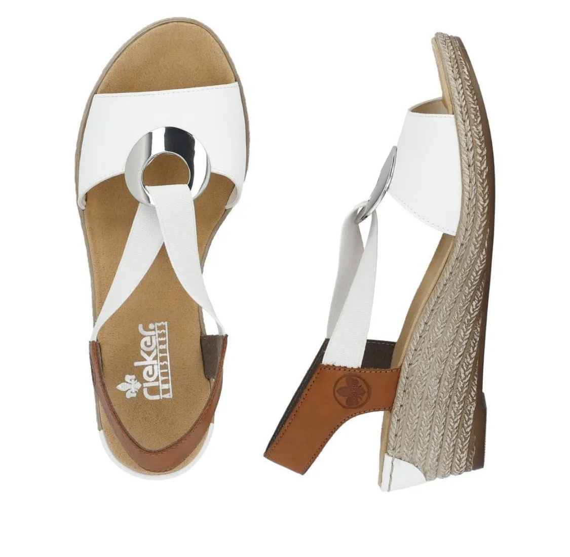 Rieker 624H6-81 Alula White And Tan Low Wedge Sandals