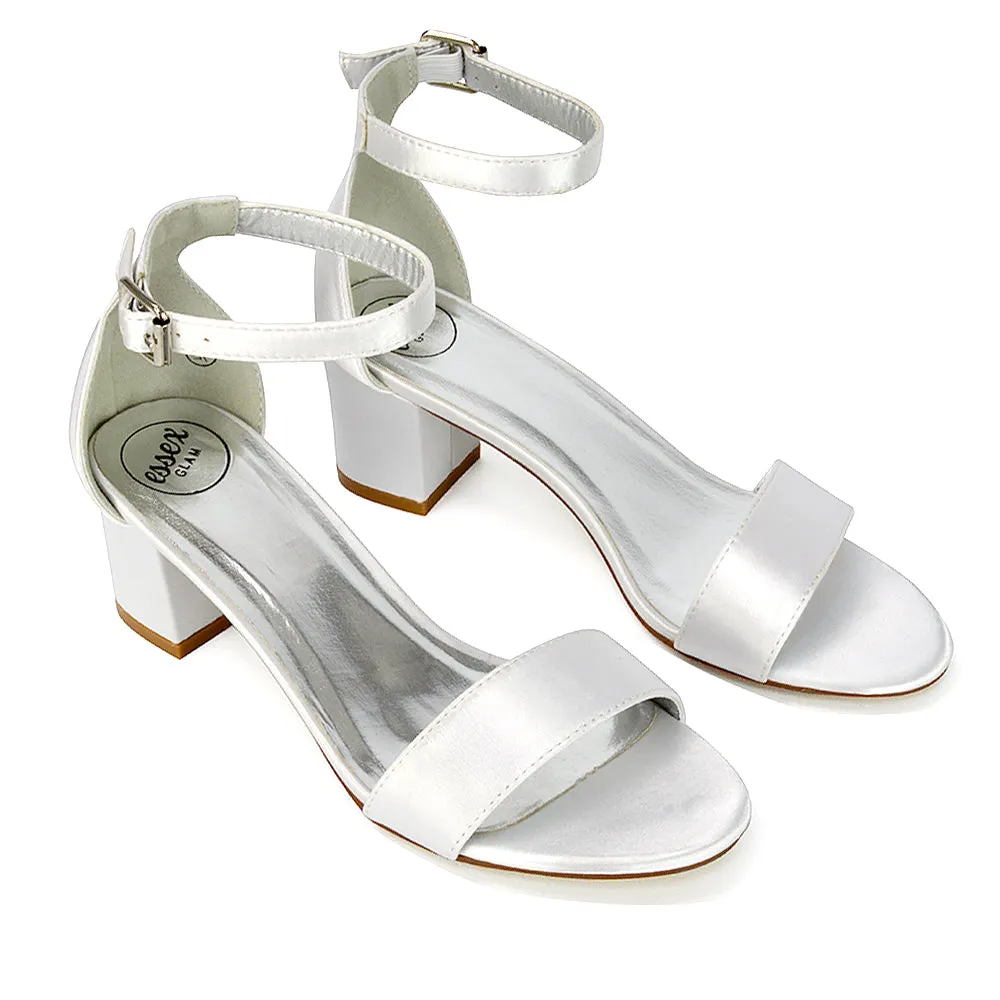 RITA BUCKLE UP ANKLE STRAP LOW MID-BLOCK HIGH HEEL SANDALS IN WHITE SATIN