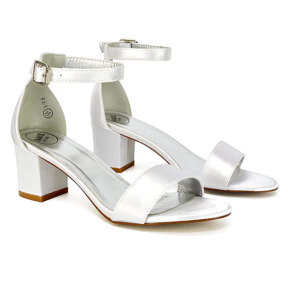 RITA BUCKLE UP ANKLE STRAP LOW MID-BLOCK HIGH HEEL SANDALS IN WHITE SATIN