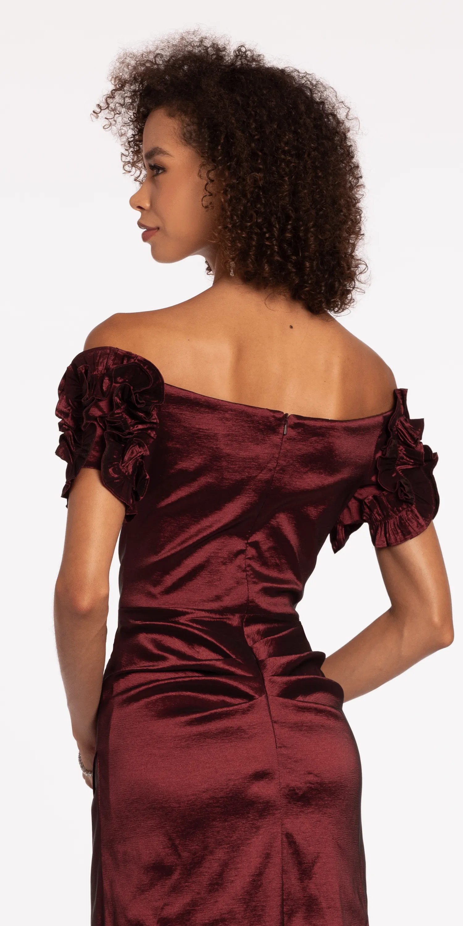 Taffeta Ruffle Off the Shoulder Trumpet Dress