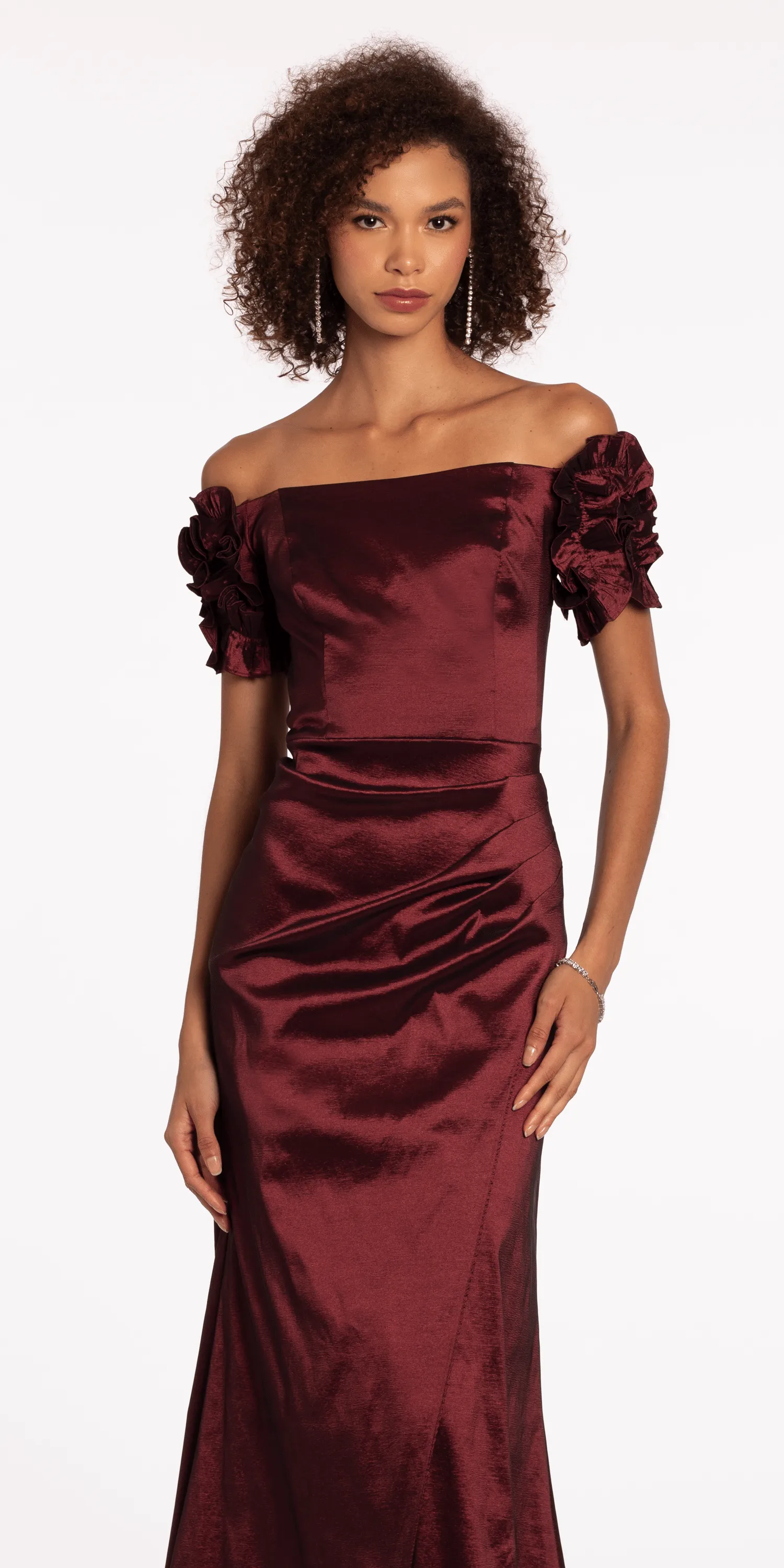 Taffeta Ruffle Off the Shoulder Trumpet Dress