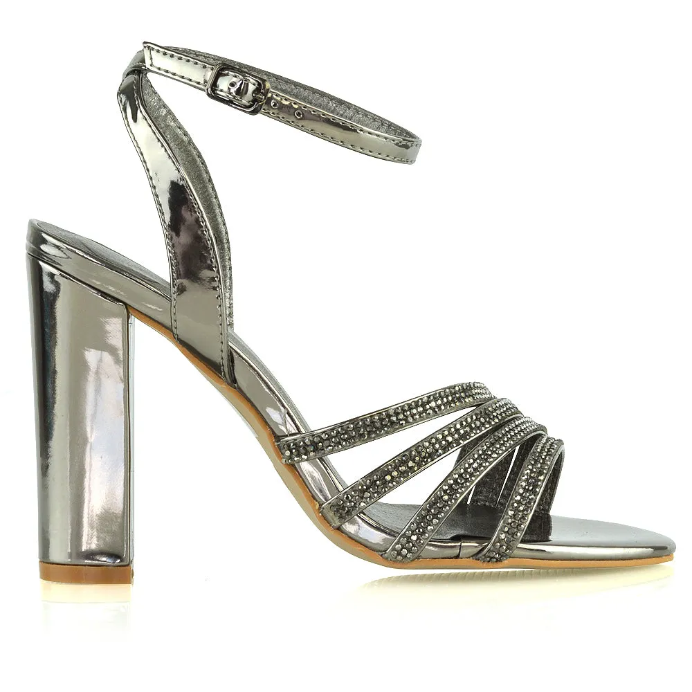 Tori Diamante Detailed Strappy Sparkly Block High Heel Sandals in Pewter