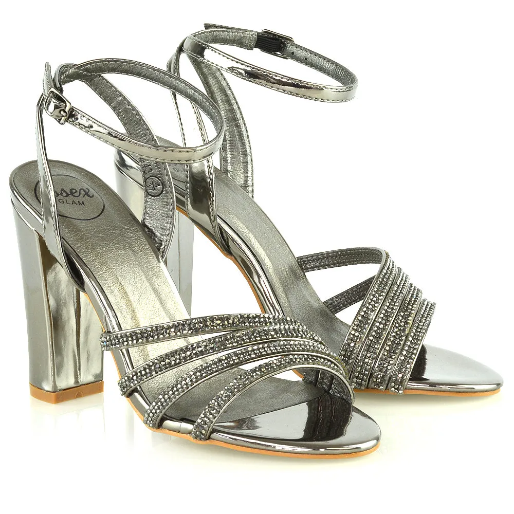 Tori Diamante Detailed Strappy Sparkly Block High Heel Sandals in Pewter