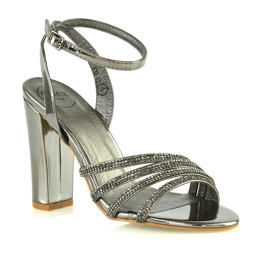 Tori Diamante Detailed Strappy Sparkly Block High Heel Sandals in Pewter