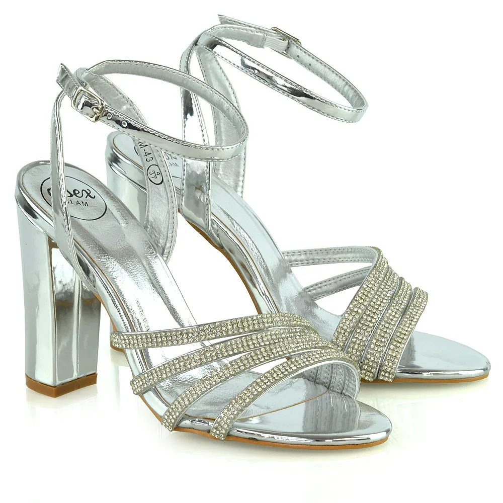 Tori Diamante Detailed Strappy Sparkly Block High Heel Sandals in Silver