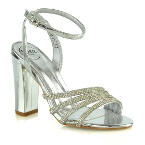 Tori Diamante Detailed Strappy Sparkly Block High Heel Sandals in Silver