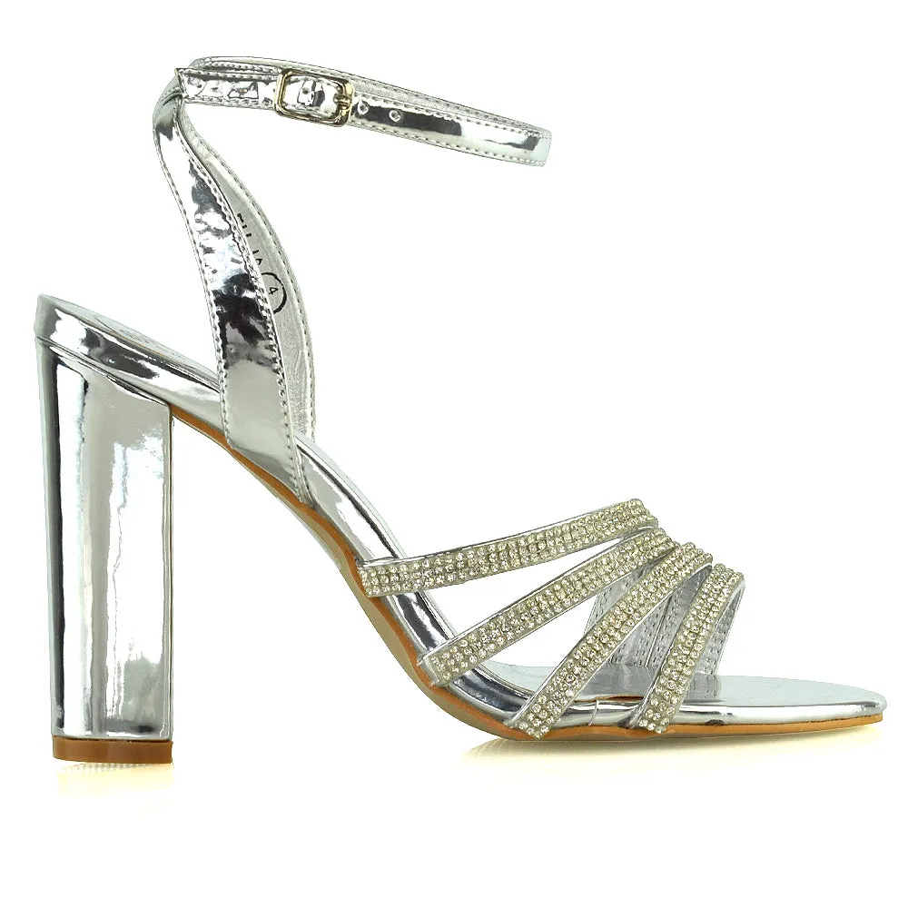 Tori Diamante Detailed Strappy Sparkly Block High Heel Sandals in Silver