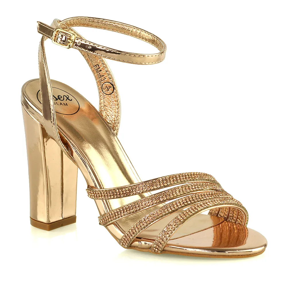 Tori Diamante Detailed Strappy Sparkly Block High Heel Sandals in Silver